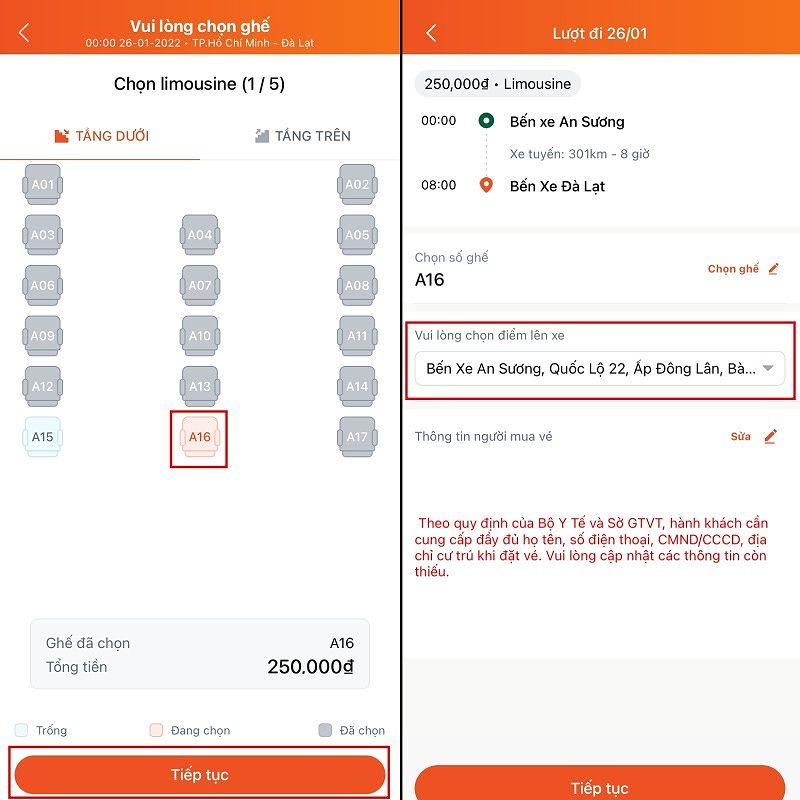 Chọn ghế ngồi và điểm lên xe